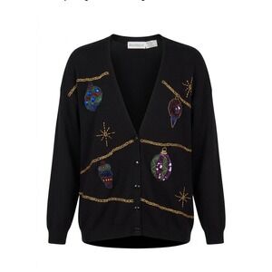 Vntg Robert Scott Christmas Ornament Beaded Novelty Sweater V-neck Cardigan L